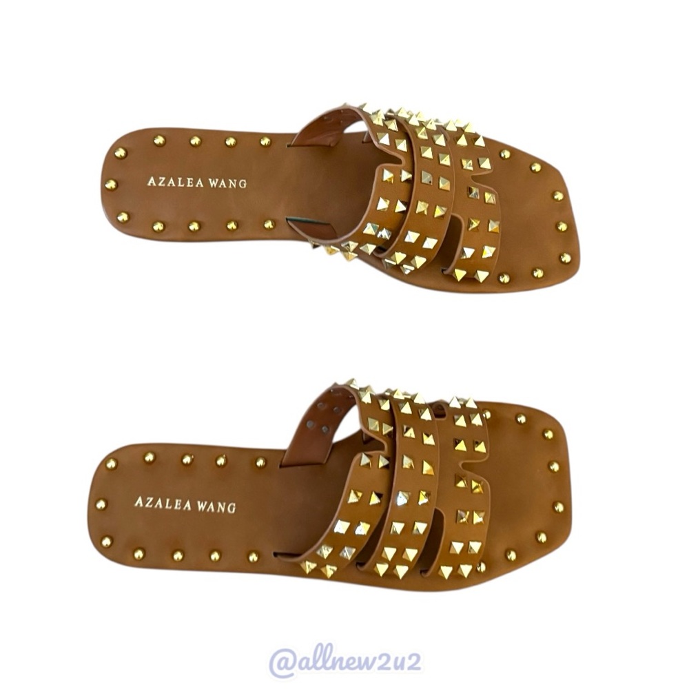Azalea Wang Archer Gold Studded Sandals in Tan Size 7 - Picture 5 of 17